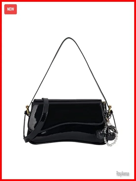 Faux Leather Y2K Hobo Bag with Cherry Pendant, Crossbody Shoulder Bag