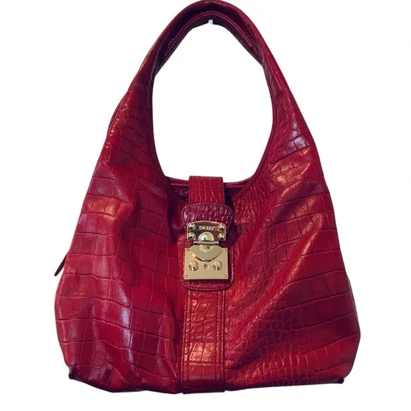 DKNY Red Croc-embossed Leather Hobo Shoulder Bag with Gold Tone Hardware