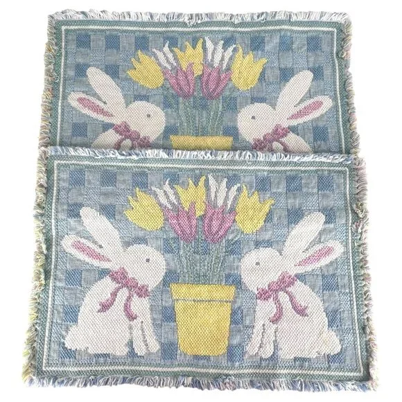 Set Of 2 Easter Woven Placemat Bunny‎ Rabbit & Tulip Design Pink Yellow Blue