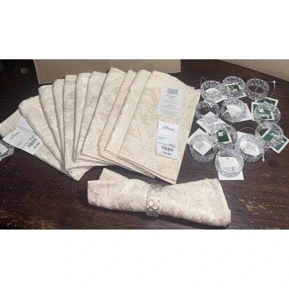 VINTAGE JC PENNY New Buckingham NAPKINS Ivory. SET OF 12 W‎ Holder Rings