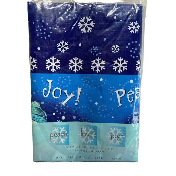 Vintage Holiday Joy Peace Love Vinyl Tablecloth Flannel Backed Blue White 52x70