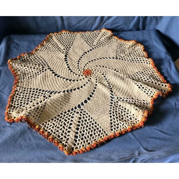 Lot Of 3 Vintage Doily Crochet Round Cream Table Mat Orange/Brown Trim Varied Sz