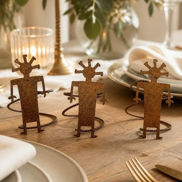 Napkin Rings‎ Unisex OS Brown Excellent Kokopelli Metal Set of 3 Rustic