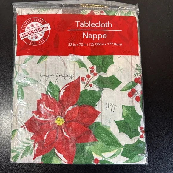 Christmas‎ House - Holiday Poinsettia Flannel Black Tablecloth 52