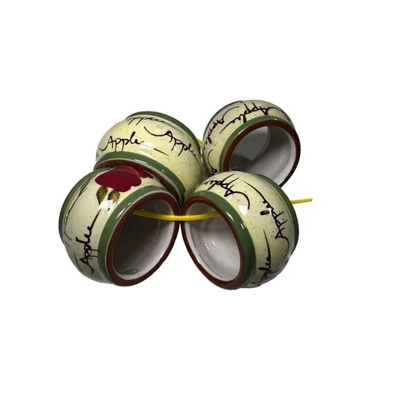 Vintage Ceramic Apple Napkin Rings Set of 4 Red Cream Green Fruit Table Decor