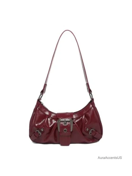 Faux Leather Punk Hobo Shoulder Bag with Buckle Detailing