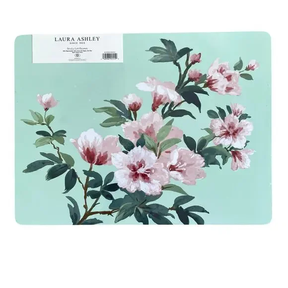 Laura Ashley Blossom Branch Cork Placemats Pink Green Floral 12x16 Set of 4 NEW