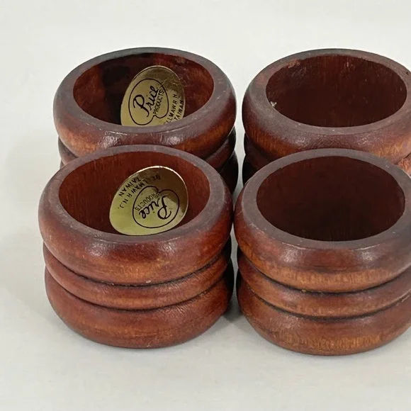 Vintage Price Products Wooden Napkin Rings Set of 4 Brown Ribbed Wood Taiwan