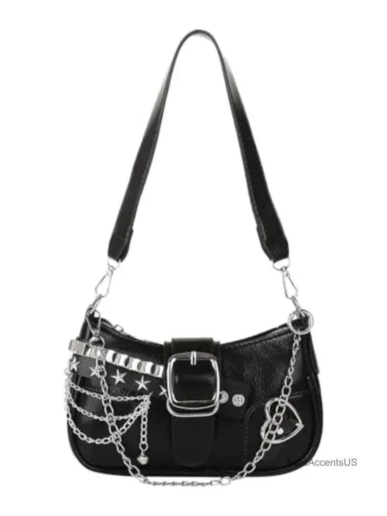 Y2K Star Embroidery PU Leather Chain Hobo Handbag Top Zipper Closure