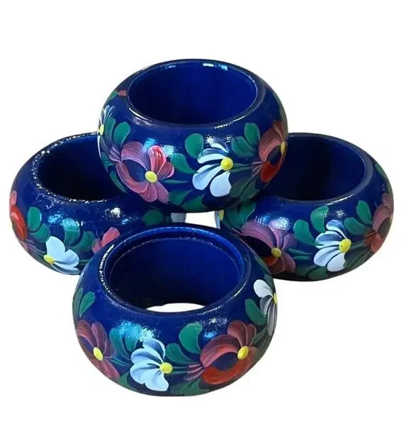Set Of 4 Hand Painted Napkin Rings Hungary Floral Wooden Vintage Blue