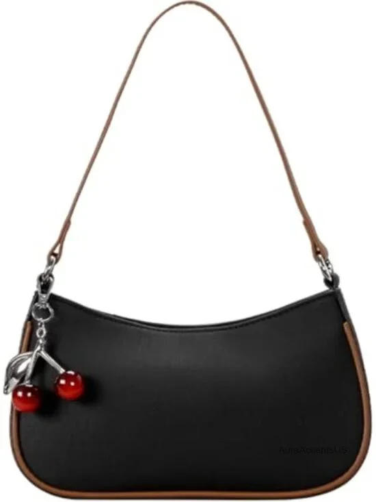 Vegan Canvas Crescent Hobo Shoulder Crossbody Bag with Cherry Charm