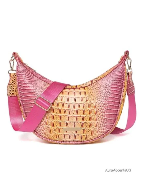 Crocodile Embossed Crescent Crossbody Hobo Bag Vegan Leather