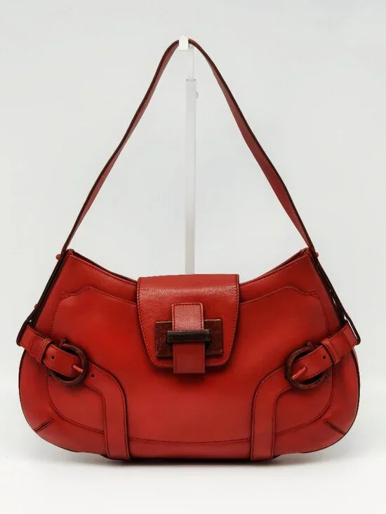 Salvatore Ferragamo Vintage Red Leather Shoulder Bag Wood Gancini Buckle