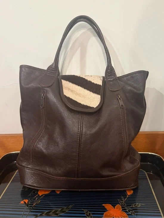 Classic Dark Brown Leather Hobo with Zebra Accent Flap