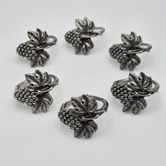 Set Of 6 Vintage Pewter Grape Cluster Napkin Rings Wine Dinner Rustic Winery