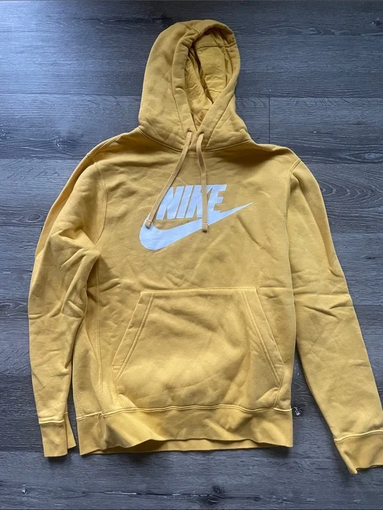 Nike Men's Mustard Yellow Pullover Hoodie with White Swoosh
