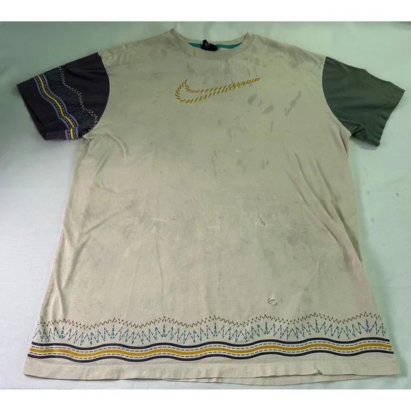 NIKE N7 L Mismatched Sleeve‎ T-Shirt Embroidered W/ Holes & Stains