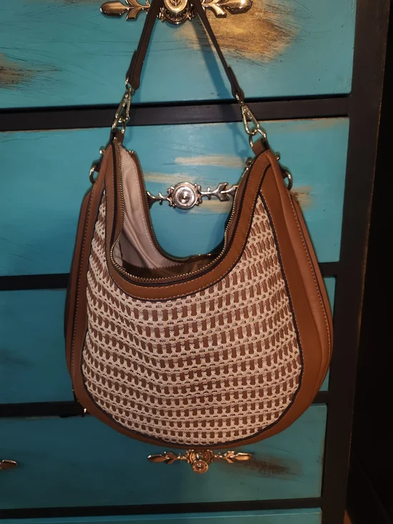 INC International Concepts Two-Tone Woven Hobo in Tan and Cream