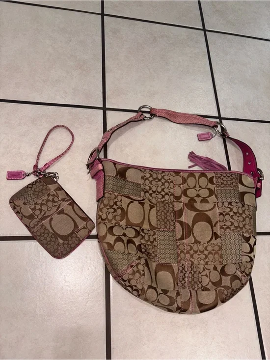 Rare Coach Signature Patchwork Hobo Bag with Pink Trim and Wristlet Set