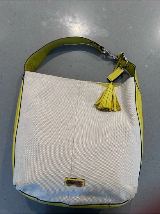 Coach Avery hobo natural canvas & chartreuse pebbled leather handbag