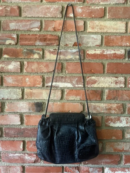 Vintage Carlos Falchi Black Crocodile Embossed Leather Slouchy Shoulder Bag