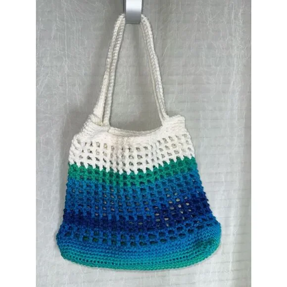 Handmade Crochet White Shades of Blue Green Small Fishnet Market Tote