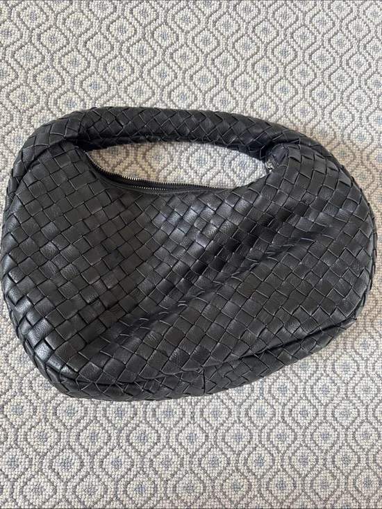 Woven Black Leather Hobo Bag