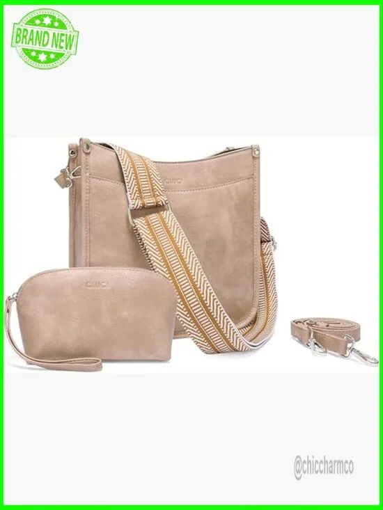 Vegan Leather Crossbody Hobo Bag with Adjustable Guitar Strap, 2-Piece Set