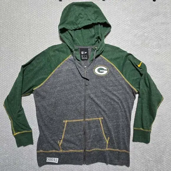 Nike NFL Green Bay Packers Mens Full Zip Hoodie Gray Green Raglan Sweatshirt XXL