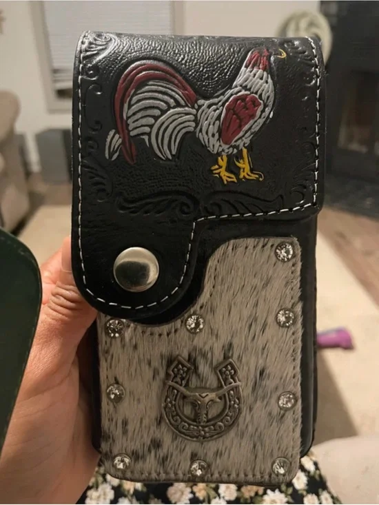 Western Rooster Tooled Leather Phone Wallet - Black, White, Red, Yellow