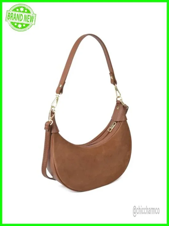 Genuine Leather Crescent Hobo Bag with 2 Straps Convertible Crossbody Purse