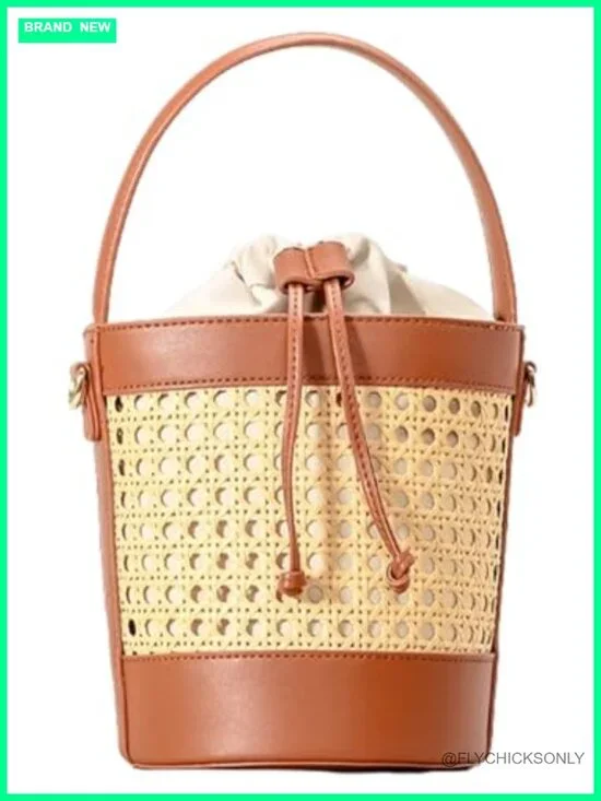 Rattan Straw Beach Bag Drawstring Crossbody Purse PU Leather Hobo Tote Shoulder