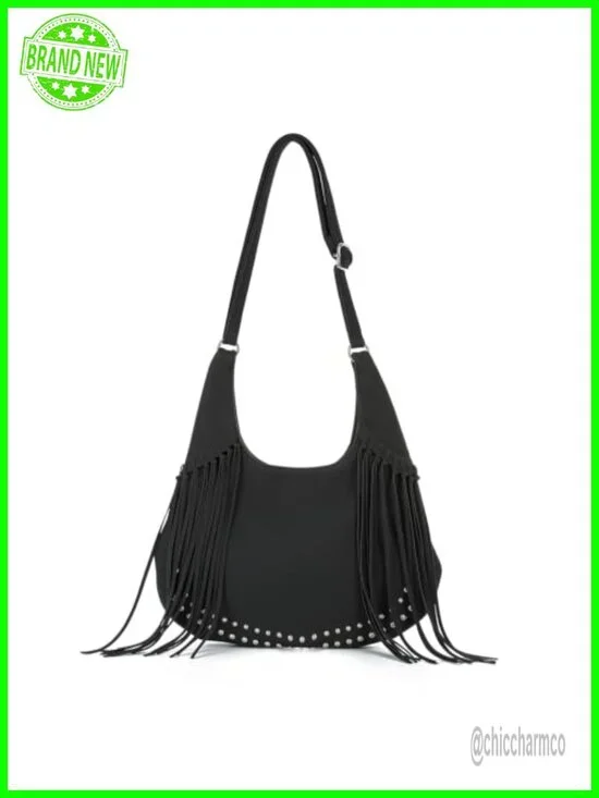 Vintage Suede Fringe Hobo Bag Crossbody Tassel Shoulder Purse Boho with Studs