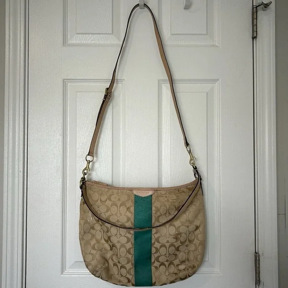 Coach Signature‎ Stripe Green Tan Convertible Hobo Shoulder Bag