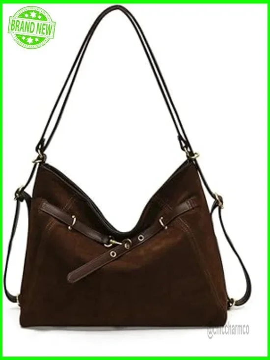 Large Convertible Suede Tote Backpack, Adjustable Strap, Magnetic Closure