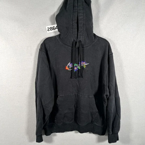 Nike Sportswear Hoodie Mens Medium Black Butterfly Floral Embroidered‎ Fleece