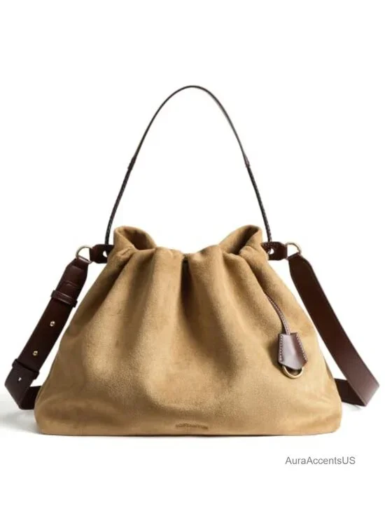 Slouchy Hobo Bag with Drawstring Closure, Faux Suede & Vegan Leather, Dual