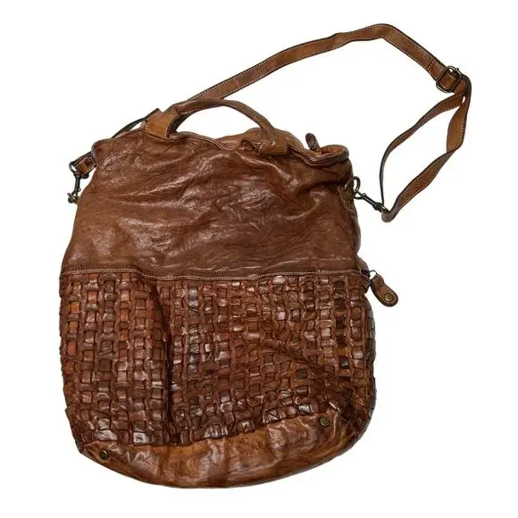 LANGELLOTTI Brown Woven Italian Leather Tote Hobo Handbag Large Distressed Boho