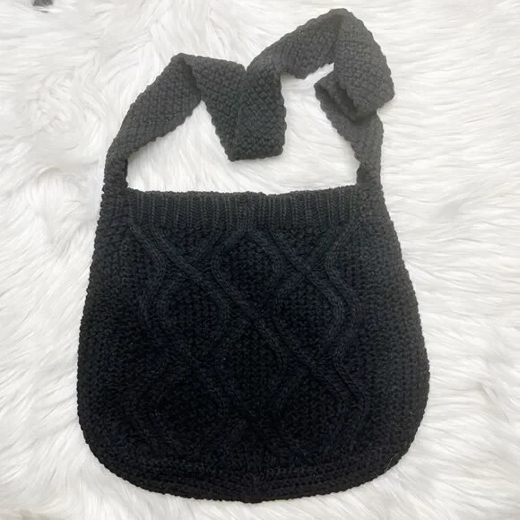 Crochet Knit Hobo Shoulder Bag Black