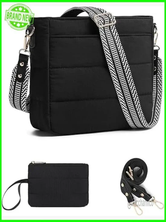 Medium Puffer Quilted Crossbody Hobo Bag with Detachable Straps and Wallet