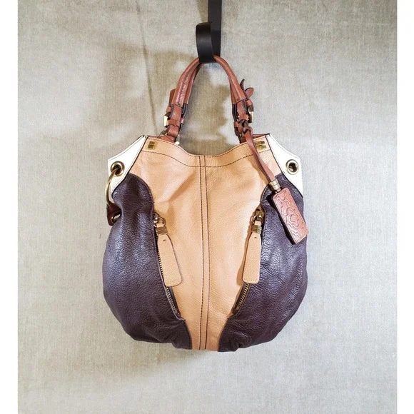 Oryany Brown Tan Leather Hobo Bag Tri-Color Blocked Shoulder Tote Gold Hardware