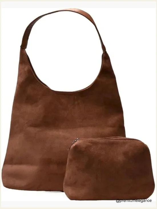 Vegan Suede Hobo Bag with Zipper Pouch - Shoulder/Crossbody Tote