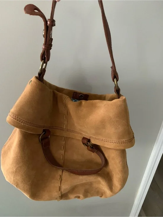 Lucky Brand Suede Shoulder Bag in Camel Tan with Brown Trim