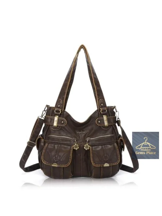 Large Double Zipper Multi Pocket Washed PU Leather Hobo Shoulder Bag