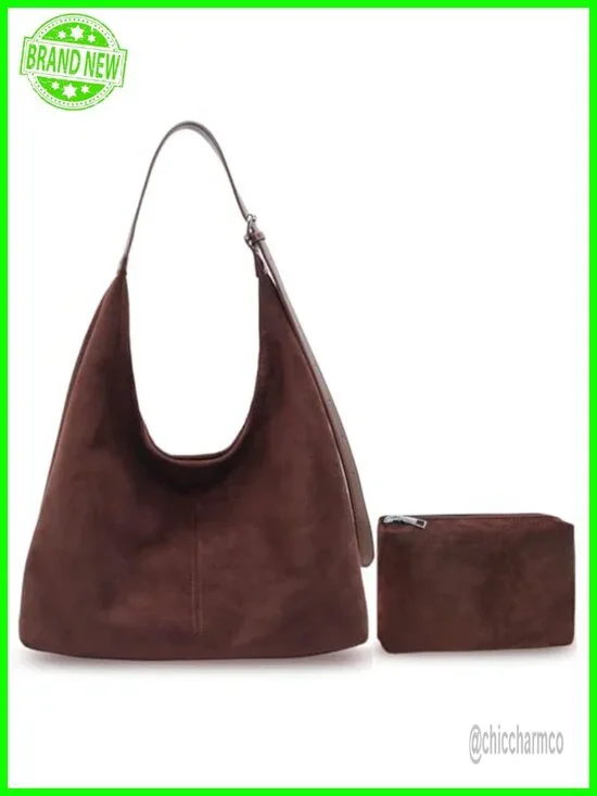 Trendy Faux Suede Hobo Tote Shoulder Handbag with Adjustable Strap and Pouch