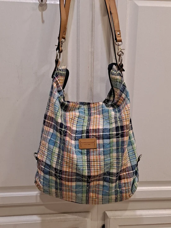 Tommy Hilfiger Madras Quilted Pastel Plaid Hobo Floral Crewel Stitch w/Tan Strap