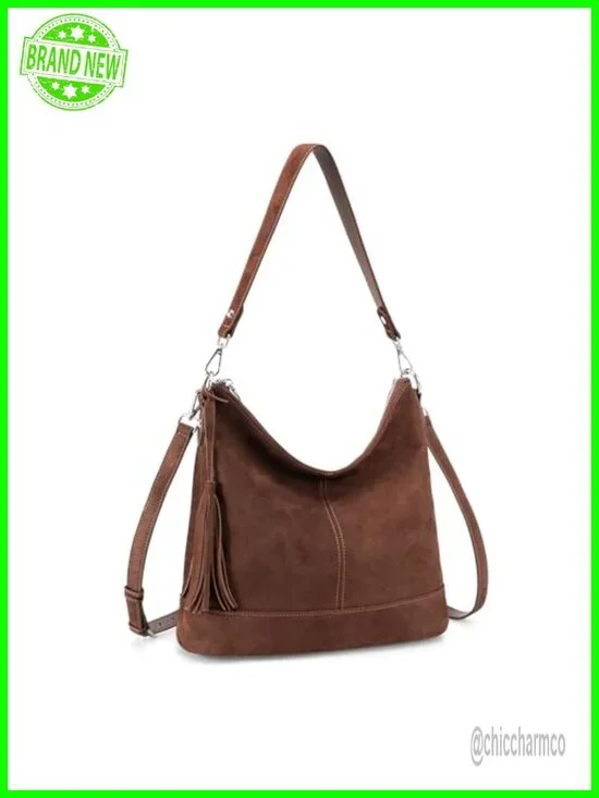 Genuine Leather Hobo Crossbody Bag with Fringe, Soft Suede Leather Shoulder