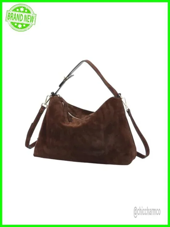 Genuine Suede Leather Hobo Tote Crossbody Bag with Adjustable Strap