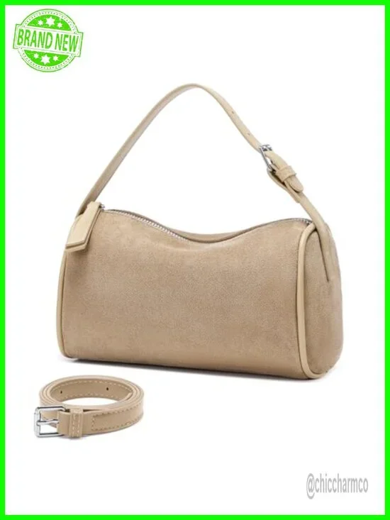 Faux Suede Leather Crossbody Barrel Hobo Purse with Adjustable Strap