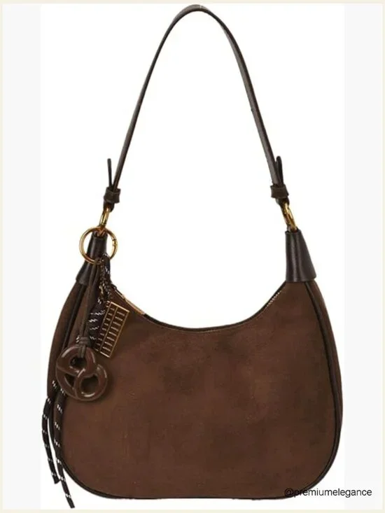 Faux Suede Hobo Crossbody Bag with Removable Charm and 2 Straps